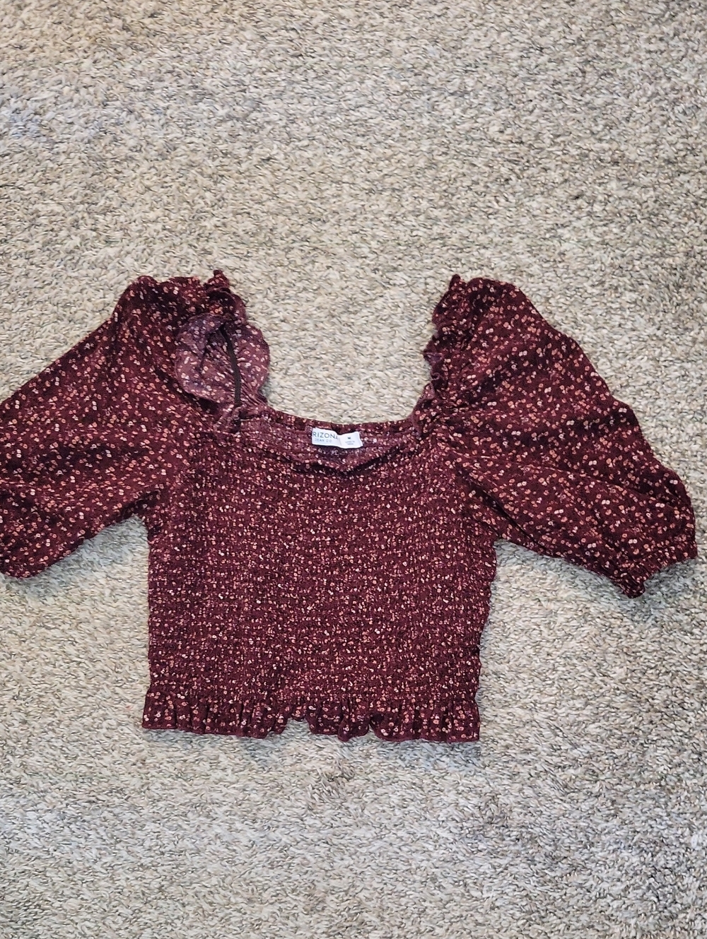 Arizona Jean Company Burgundy Floral Smocked Puff-Sleeve Crop Top